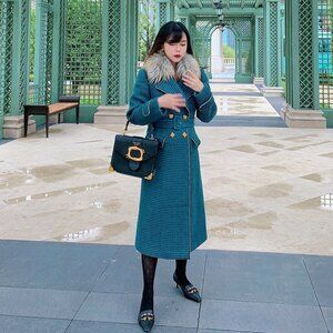 Striped 80% Wool Coat: Retro Blue Winter Coat with Fur Collar